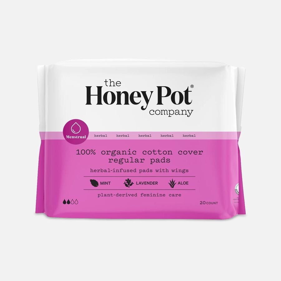 The Honey Pot 100% Organic Cotton Cover Regular Menstrual Pads with Wings, Herbal, 20 ct.