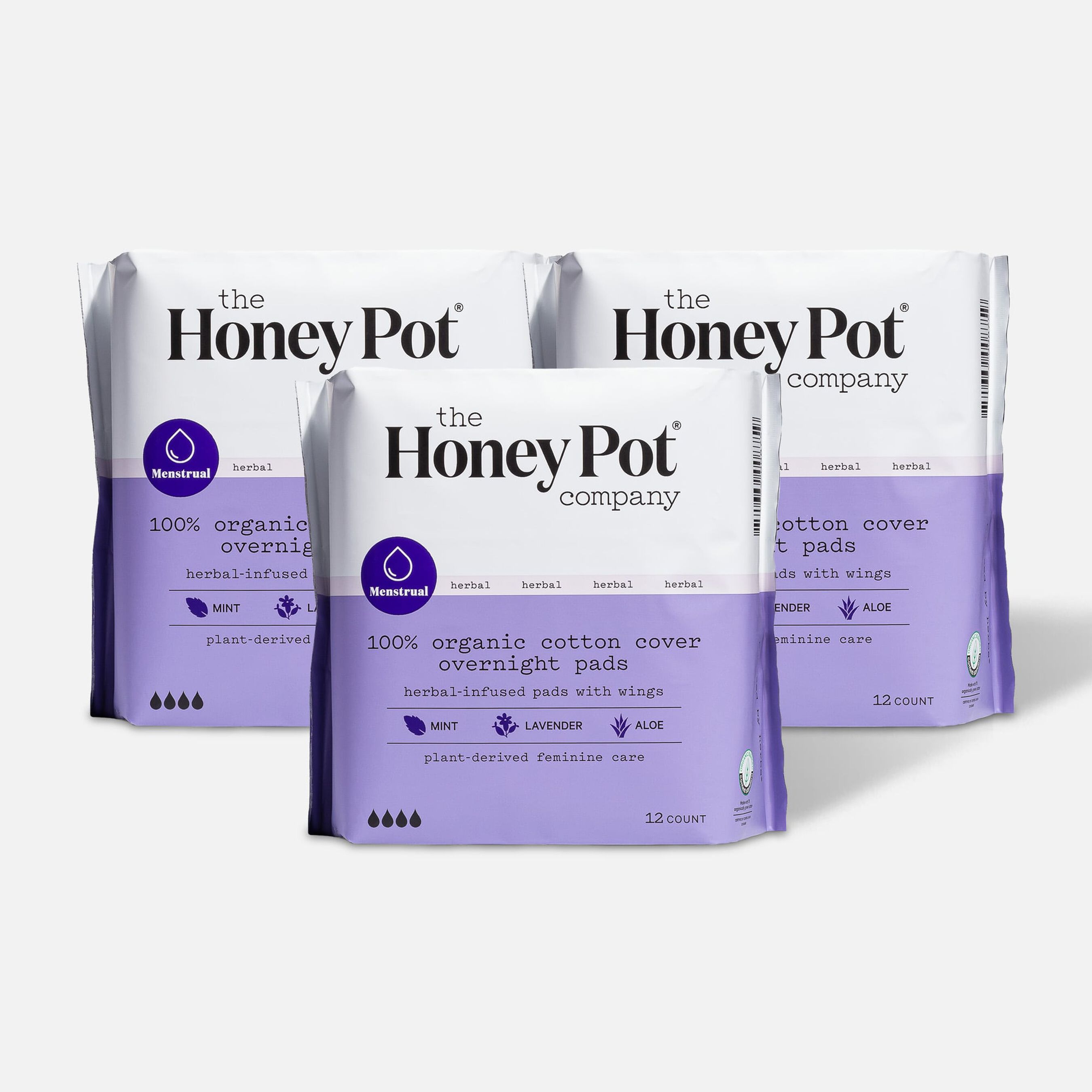 The Honey Pot 100% Organic Top Sheet Overnight Herbal Menstrual Pads with Wings, 12 ct. (3-Pack)