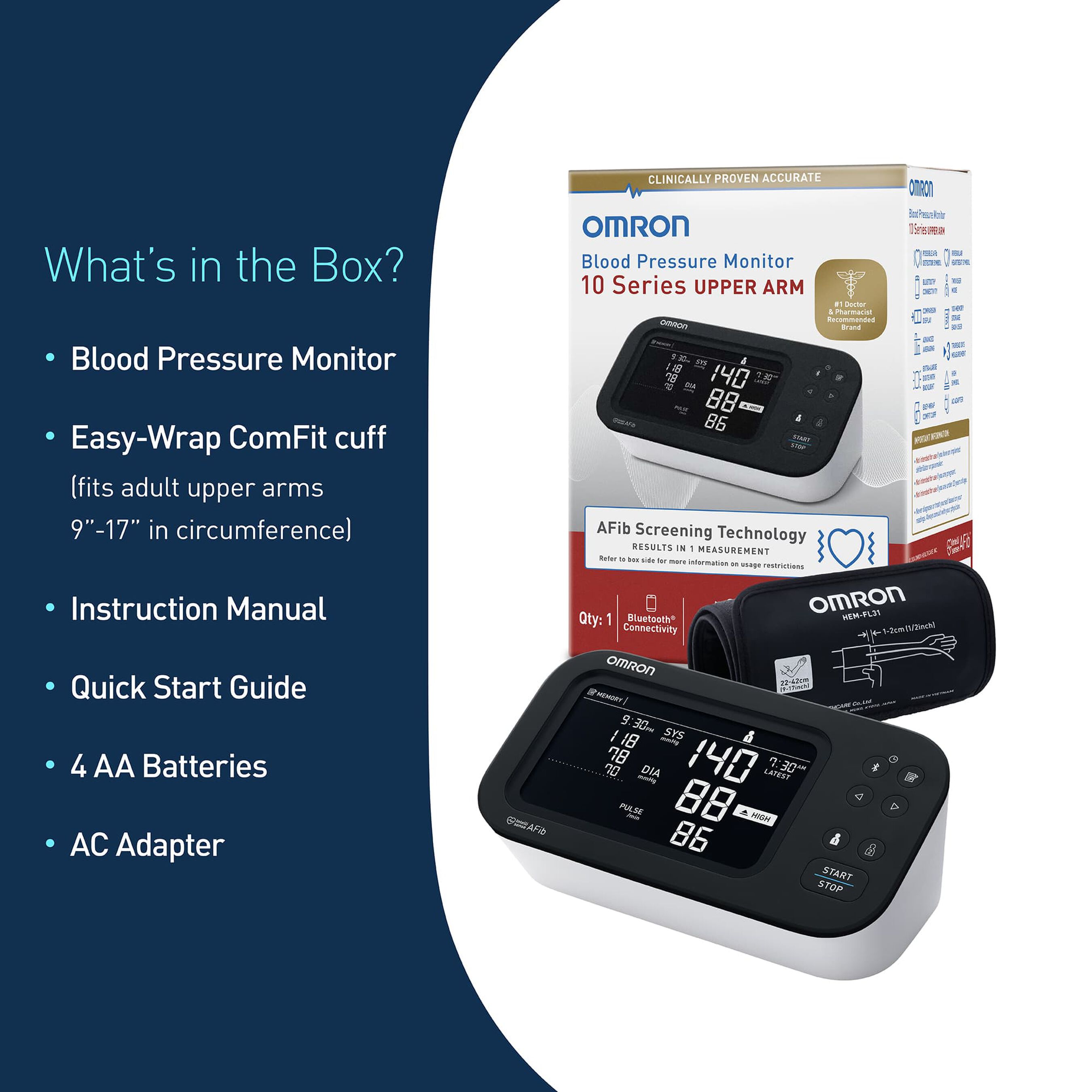 Omron 10-Series Upper Arm Blood Pressure Monitor, Connected, with AC Adapter
