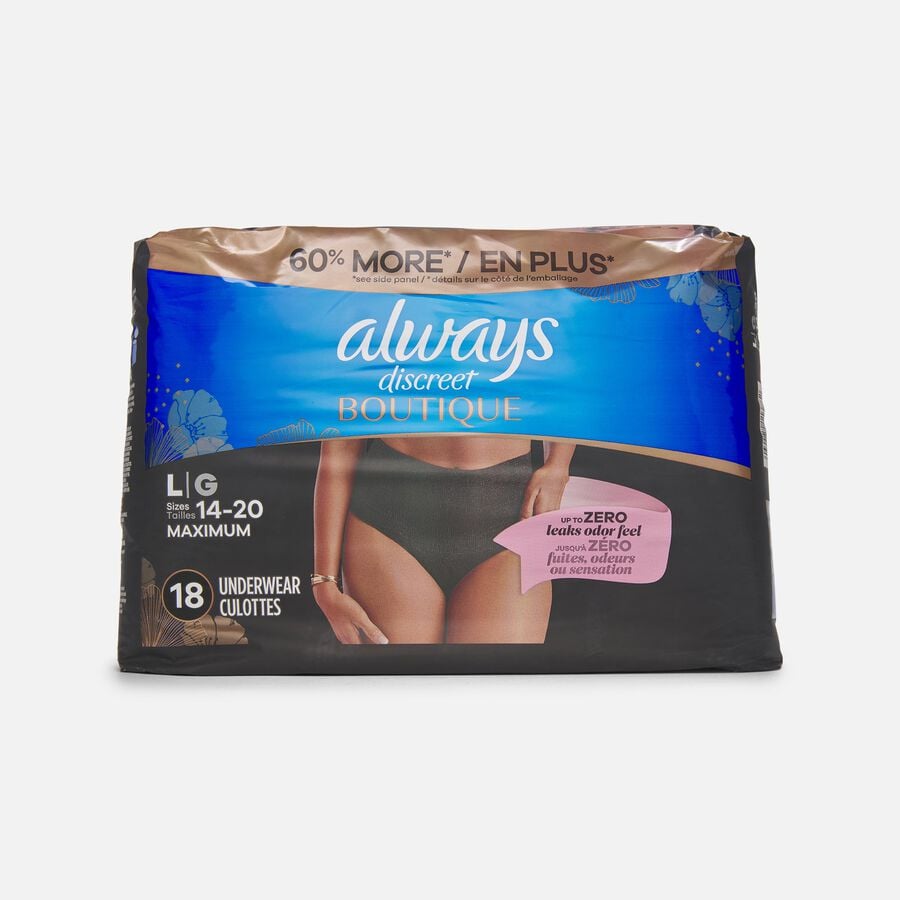 Always Discreet Boutique Incontinence Underwear, Black, L, 18 ct.
