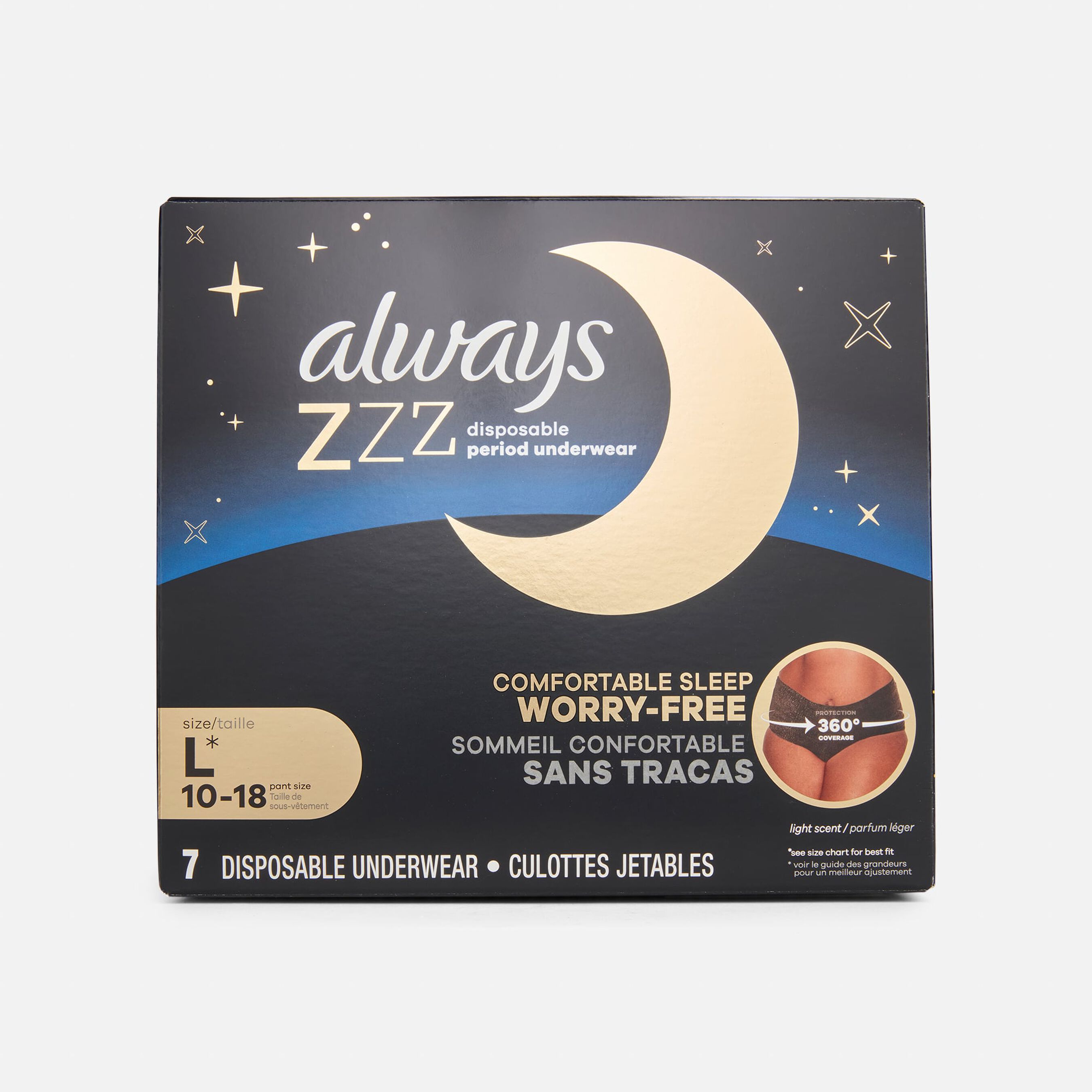 Always ZZZ Overnight Disposable Period Underwear, Large, 7 ct.